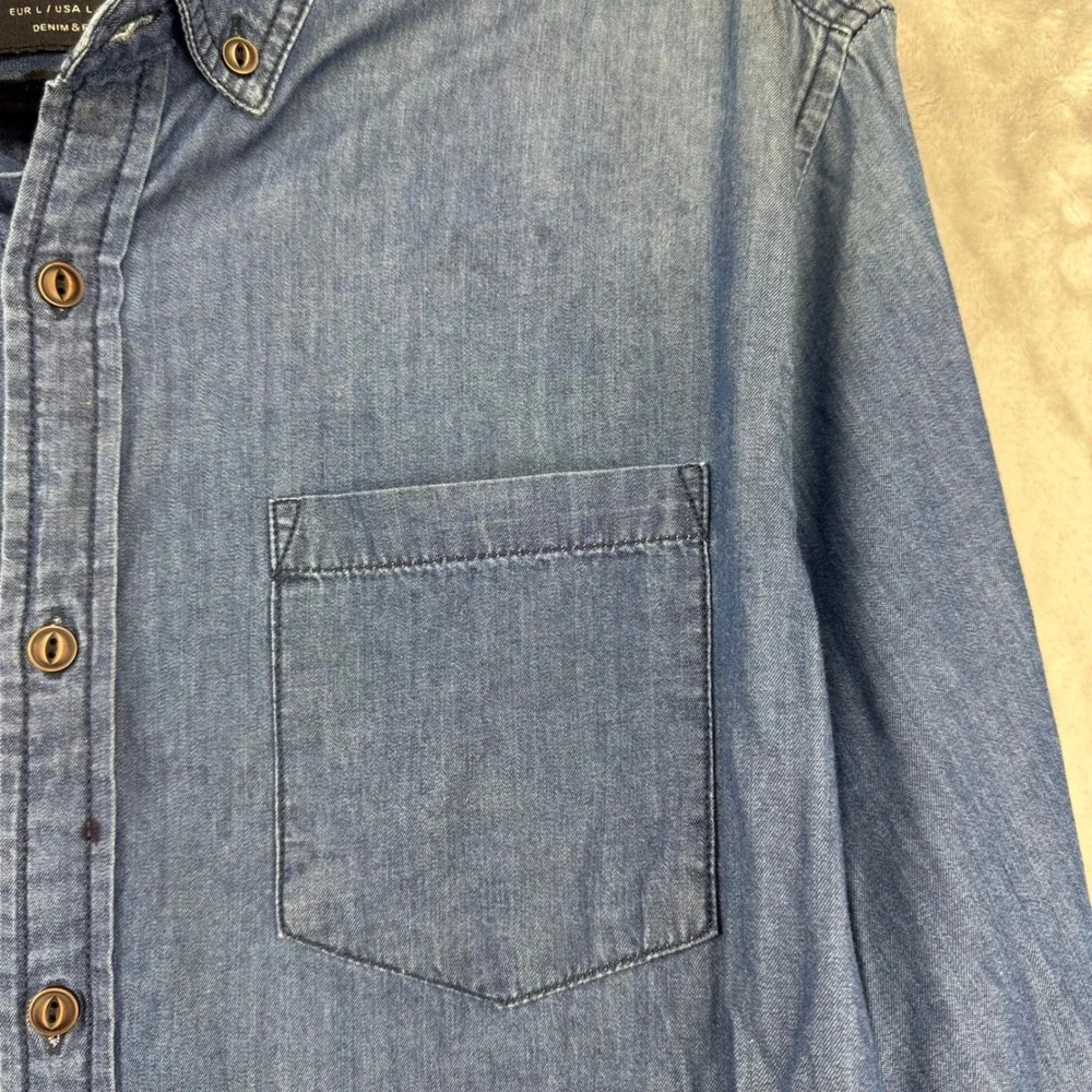 Denim & Flower Mens Blue Denim Collection Slim‎ Fit Button Down Shirt Large L